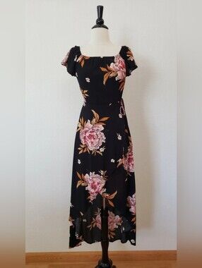 Black Floral Midi Dress with Pink Rose Print